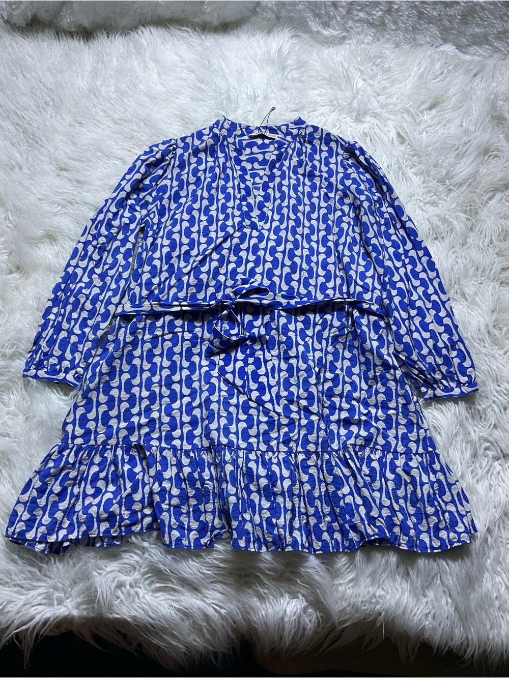 ZARA The Paula Ruffle Mini Dress Long Sleeve Blue White Geo-Printed